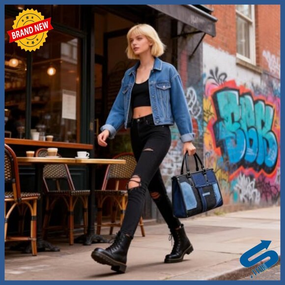 Vintage Denim Patchwork Tote Bag Shoulder Purse Travel Daily - Picture 7 of 7